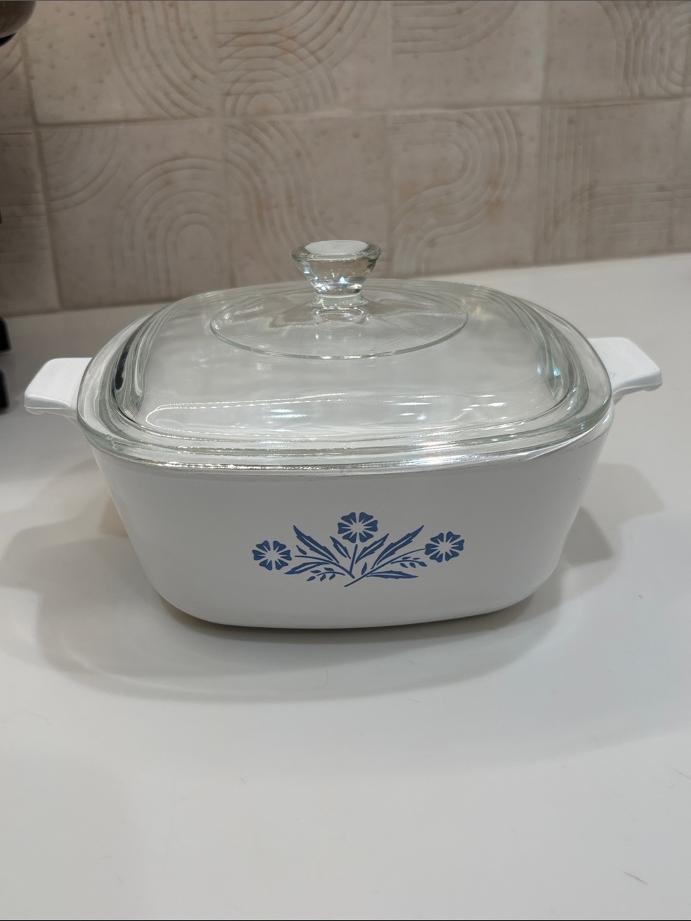 Corningware White Covered Casserole with Blue Floral Motif